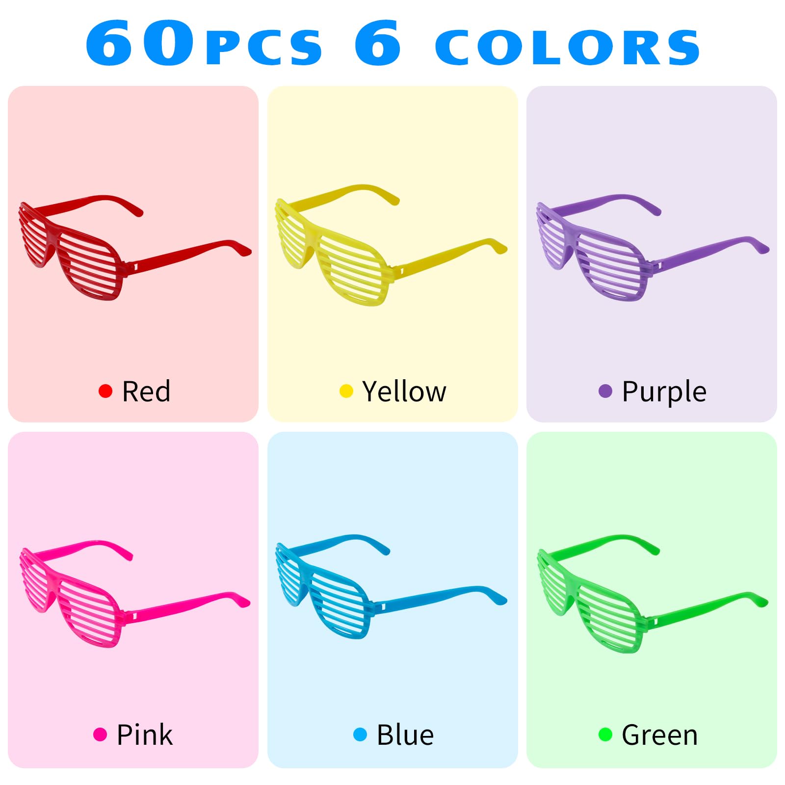 Paquete de 60 lentes de persiana a granel, recuerdos de fiesta, lentes de plástico de color neón de los años 80, suministros de fiesta para niños y adultos
