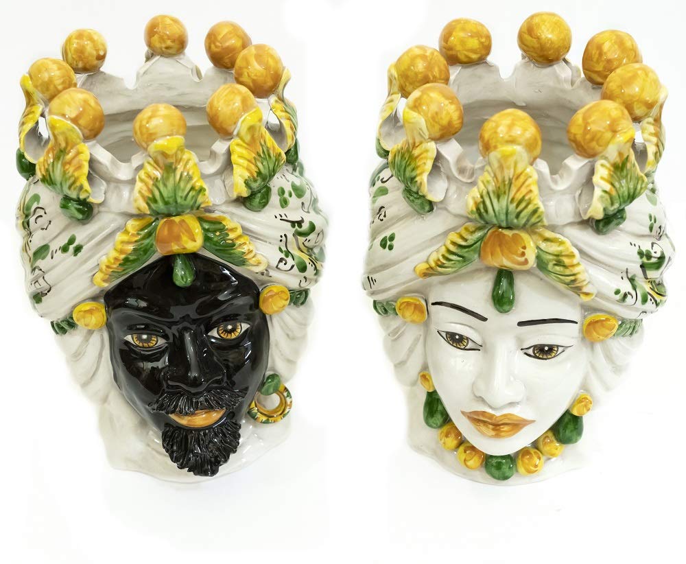 Coppia teste di moro Caltagirone giallo in ceramica siciliana vaso grande H 30 cm