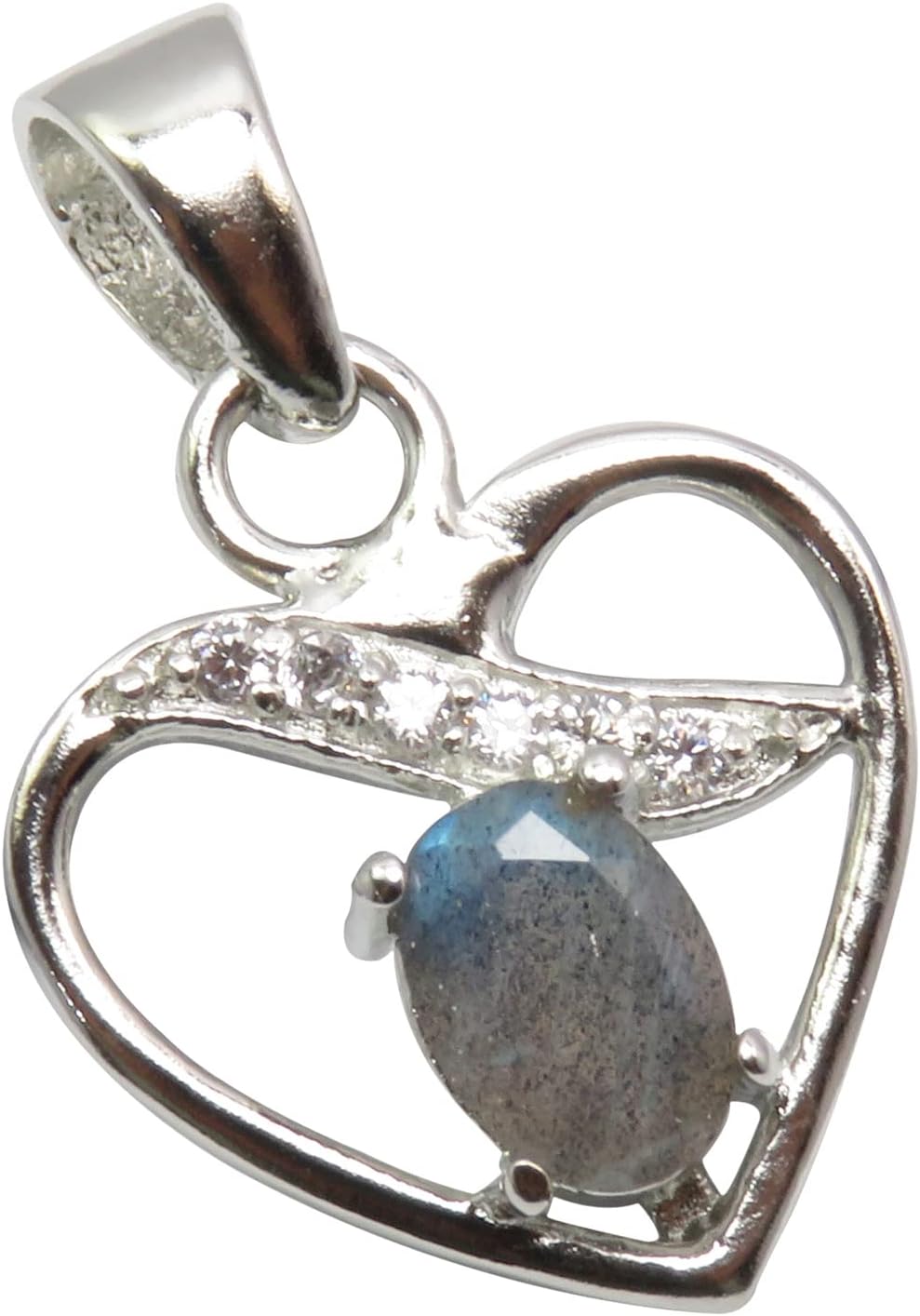 925 Solid Silver Real Oval Labradorite Personal Style Heart Pendant 0.9" New Gemstone