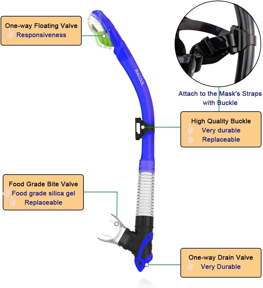 WACOOL Dry Top Snorkel Tube Comfortable Mouthpiece One-Way Purge Valve with Buckle for Pool Open Water Scuba Lap Swimming Swimmer Training Diving Snorkeling (Black) : Sports & Outdoors