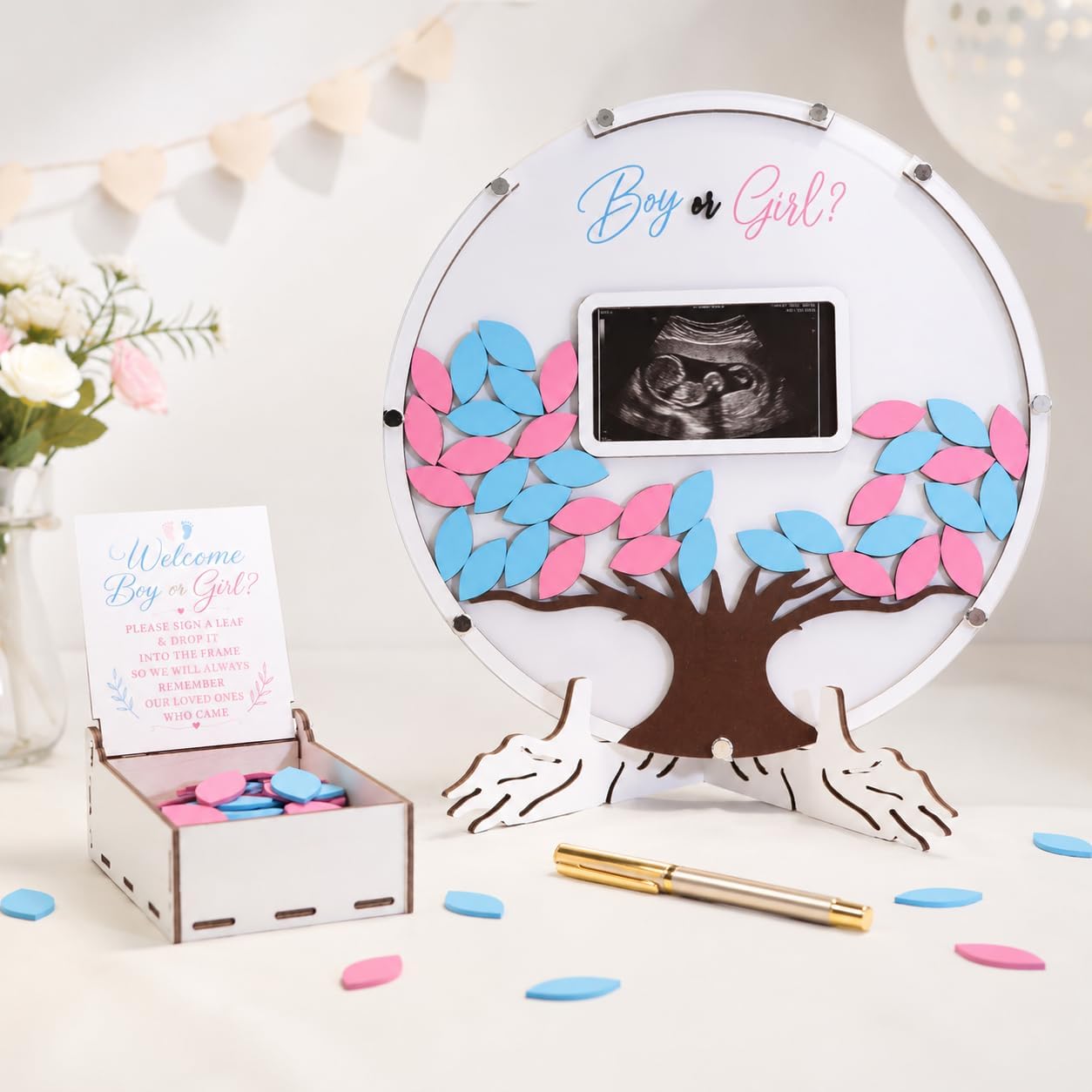 63PCS Gender Reveal Guest Book, Baby Shower Sign in Guest Book with Ultrasound Photo Display, Boy or Girl Voting Game, Wooden Keepsake Box, Stand & Pen