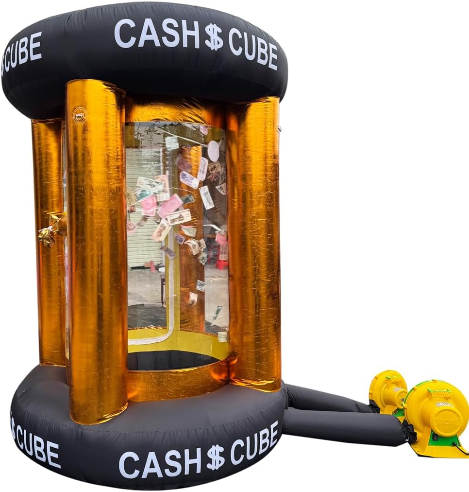 Gold Inflatable Cash Cube Booth Inflatable Cube Cash Grab Machine Fast Money Booth Money Grab Machine with 2 Blowers for Promotion Advertising Events