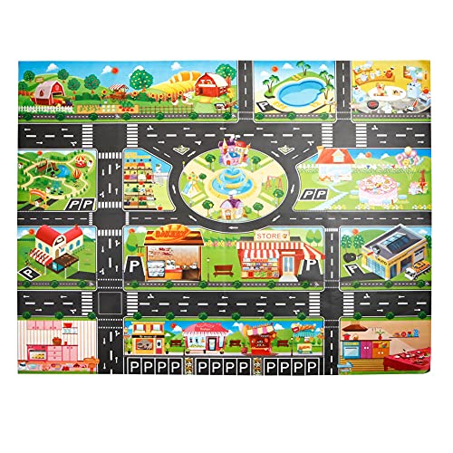 QKFON Tapis de jeu route, jeu pour enfants, tapis de maison, signalisation routière, signalisation de voiture, modèle de stationnement, carte de scène, antidérapant, tapis de jeu pour enfants, PVC