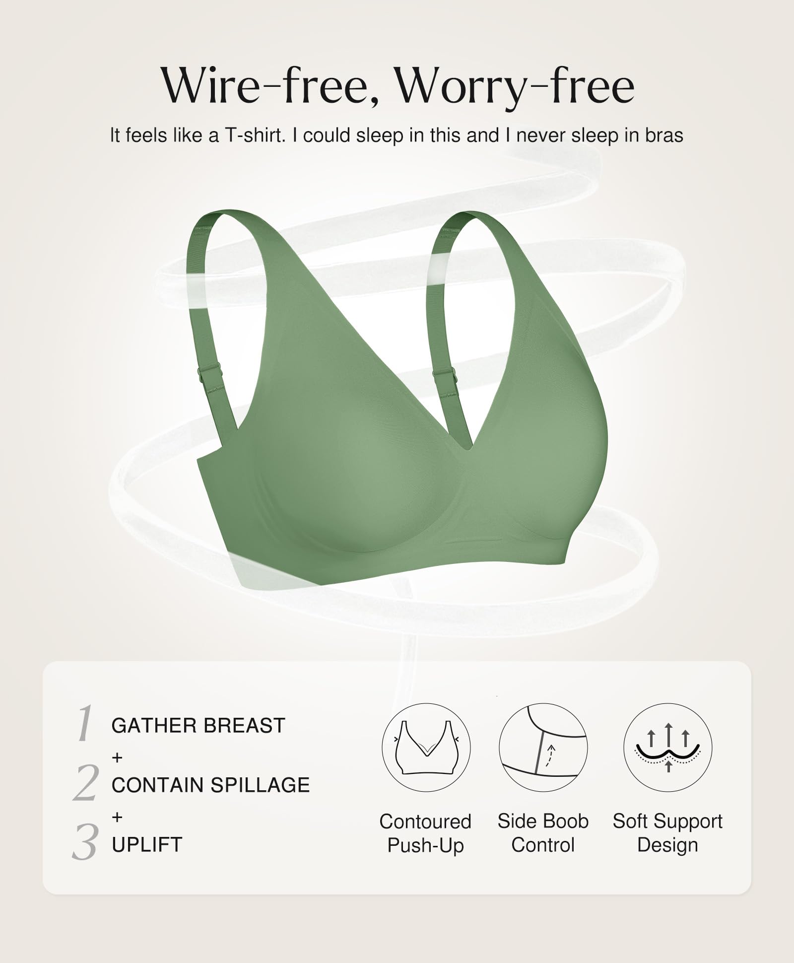 Popilush Wireless Bras Women Seamless No Underwire Push Up Bra Supportive Deep V Bralette Everyday Comfortable T-Shirt Bra