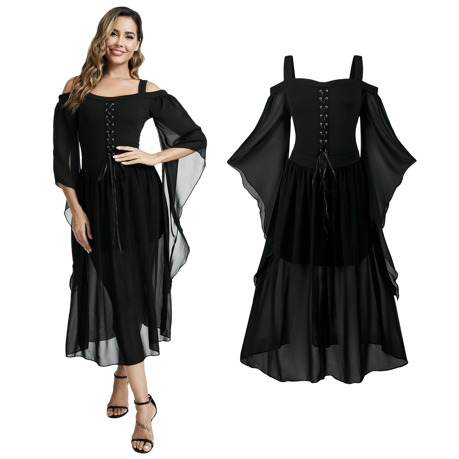 black medieval dress renaissance TA3 Plungey Long Sleeve Mini Dress - Black - 3X main image 0