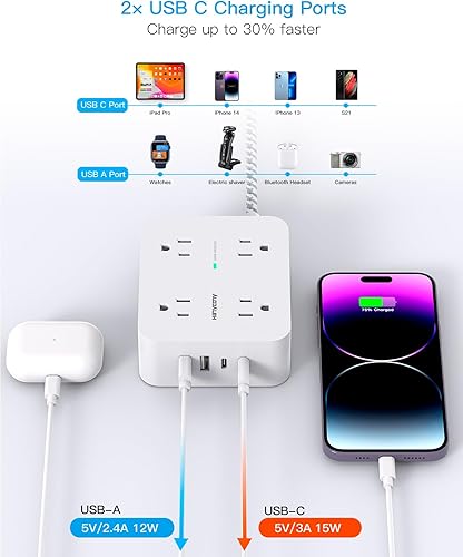 Miniatura 4 de Regleta protectora de sobretensiones de 15 pies de largo, cable de extensión de 15 pies con 8 tomas, 4 puertos USB (2 USB C), enchufe plano,