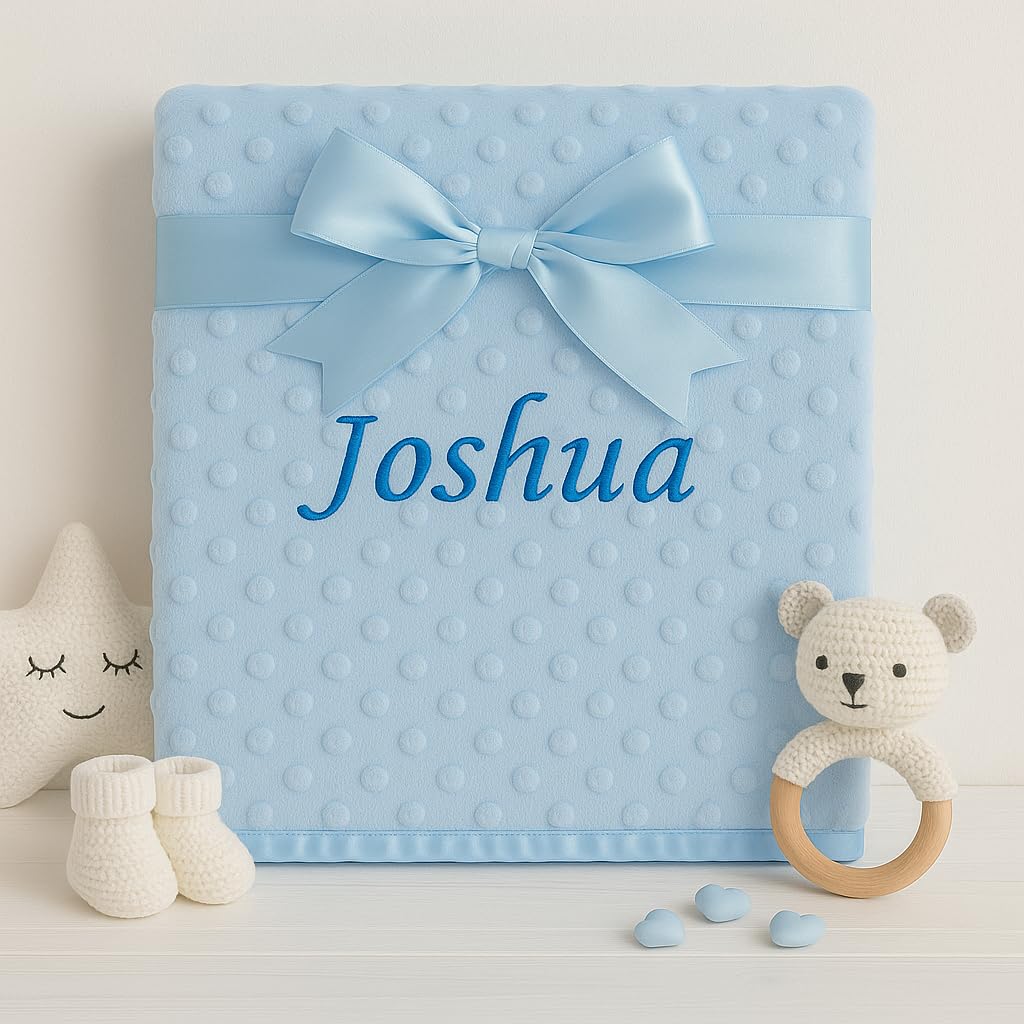 Baby Boy Girl Personalised Blanket Embroidered Name Bobble Star (Blue Bobble)