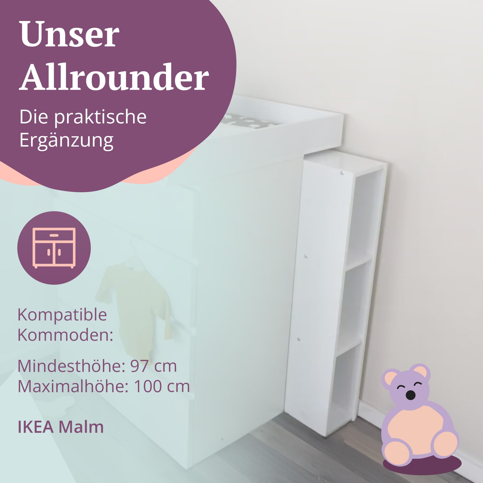 Puckdaddy® Stauraumregal Max, für Malm Kommode, Weiß, Kinderzimmer | Für IKEA Malm Kommode, MDF, Weiß, Fächerregal, Stauraumregal, Maße 19×30×98 cm