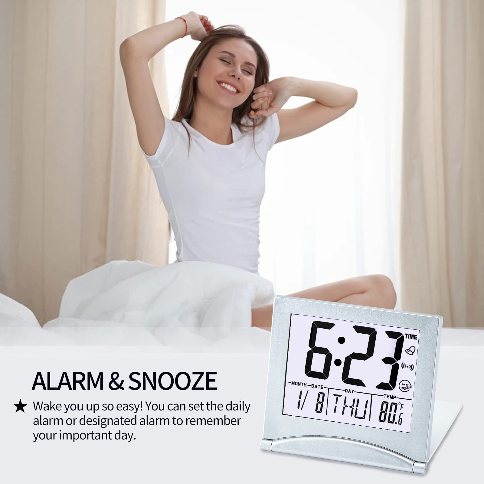 KANBIT Reloj despertador de viaje digital pequeño, funciona con pilas, reloj despertador portátil con pantalla de números grandes con temperatura, luz de fondo nocturna, reloj de escritorio de 1224