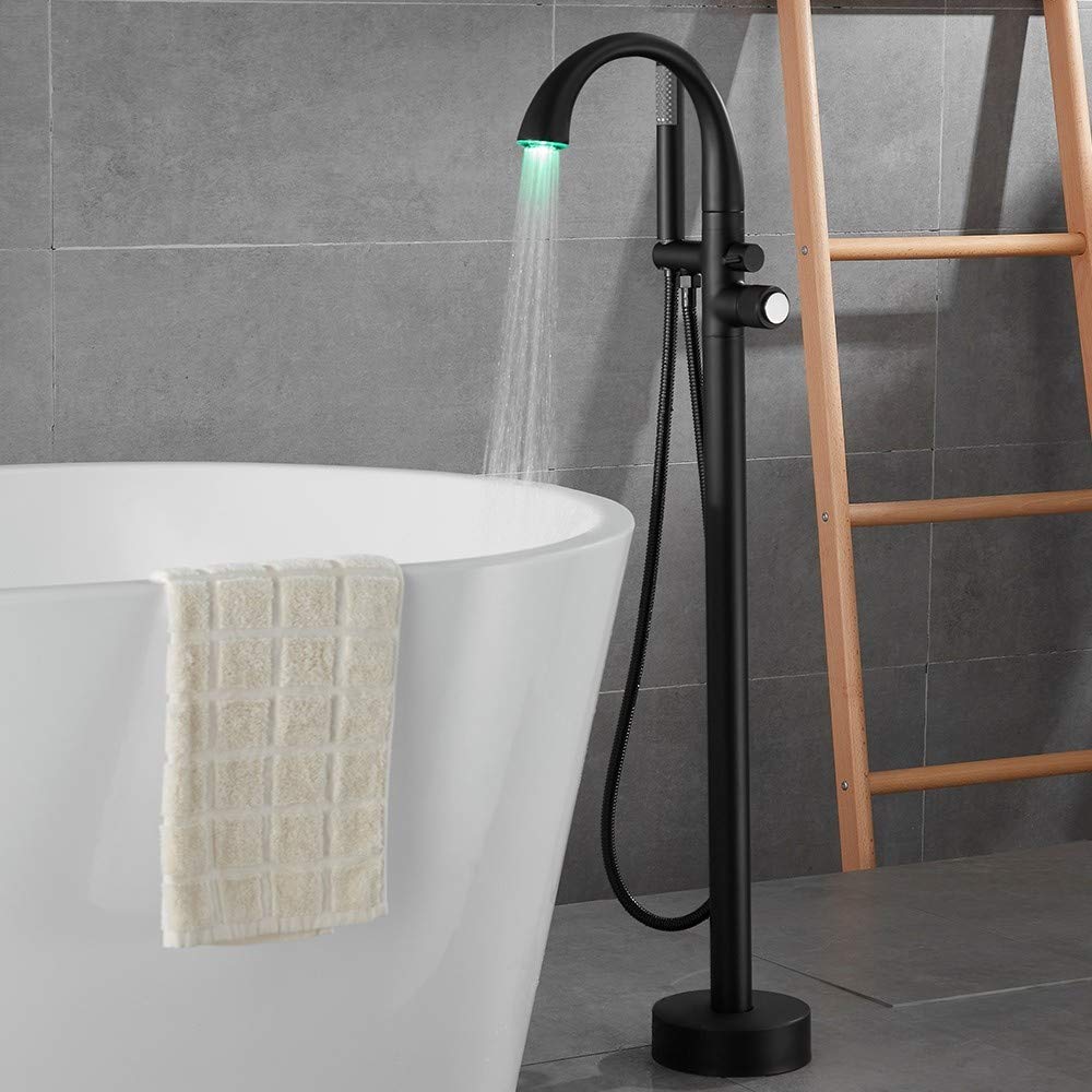 BULUXE LED Freestanding Bathtub Shower Faucet Set Floor Mounted with Handheld Shower High-Arc Tub Filler Spout Solid Brass Single Knob (Black)