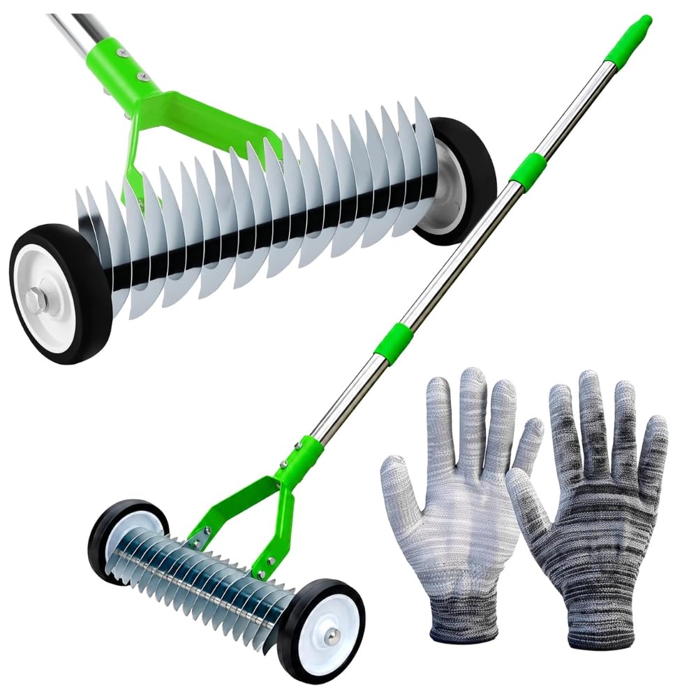 Manueller Hand-Vertikutierer & Rasenlüfter auf Rädern mit 130cm Stiel & Gartenhandschuhen, Aerifizierer mit 21 verzinkten Stahl-Klingen, Rollrasenlüfter für optimale Rasenpflege & Moosentfernung