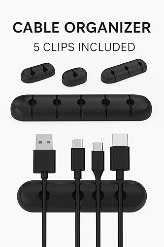 Miniatura 4 de Paquete de 5 clips organizadores de cables, soportes adhesivos fuertes para escritorio, pared y hogar, tamaños de ranura mixta (1, 2, 3, 5, 7)