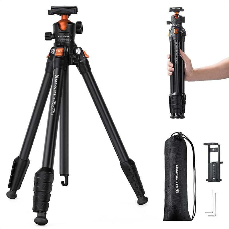 Trípode de viaje de aluminio de 63" para cámara | Trípode compacto y liviano que pesa 2.6 lb, carga máxima 22 lb para cámara DSLR Videocámaras sin espejo Teléfono, O235A1+BH-40