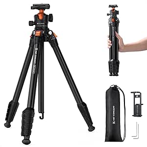 K&amp;F Concept Compact Camera Tripod, 63" Travel Tripod for Camera with Metal Ball Head Load Capacity 22lbs, 2.6lbs Lightweight Aluminum Outdoor Tripods with Phone Holder, for DSLR Cameras, Phone