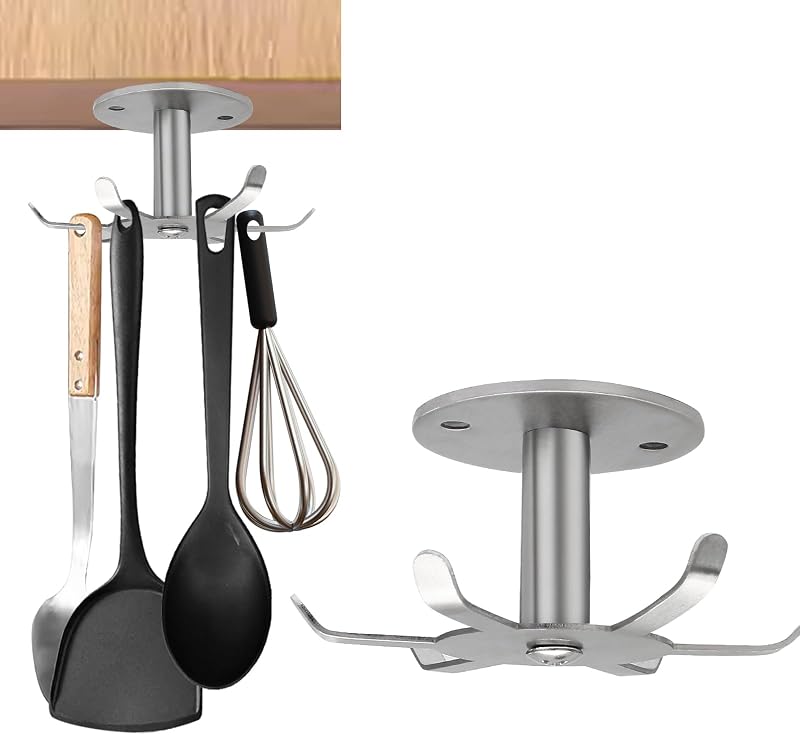 Under Cabinet Kitchen Utensil Hooks, Brushed Nickel | Stainless Steel, 360° Rotating, Drilling Free Adhesive, Utensils Hanging Rack Holder
