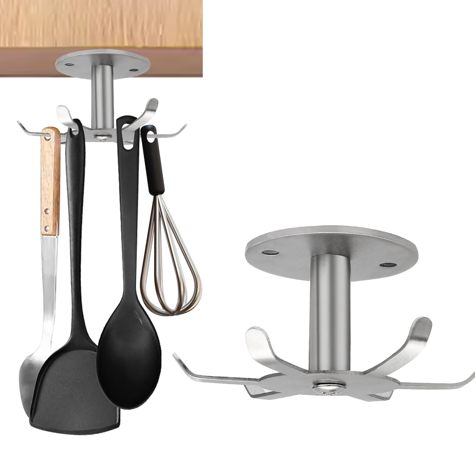Zorfeter Under Cabinet Kitchen Utensil Hooks, Stainless Steel Utensil Racks 360°Rotating Drilling Free Adhesive Utensils Hanging Rack Holder, Brushed