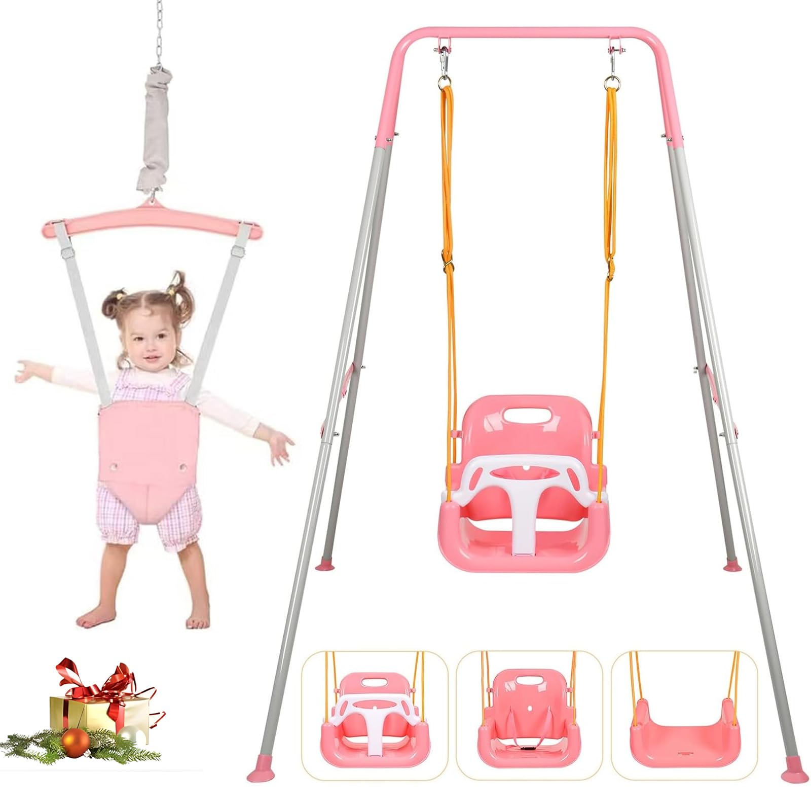 2 in 1 Toddler Swing & Jumper, Swing Set for Indoor/Outdoor, Baby Jumpers and Bouncers, Easy to Assemble & Store, Suitable for Aged 6 Months to 10 Years Old (pink)