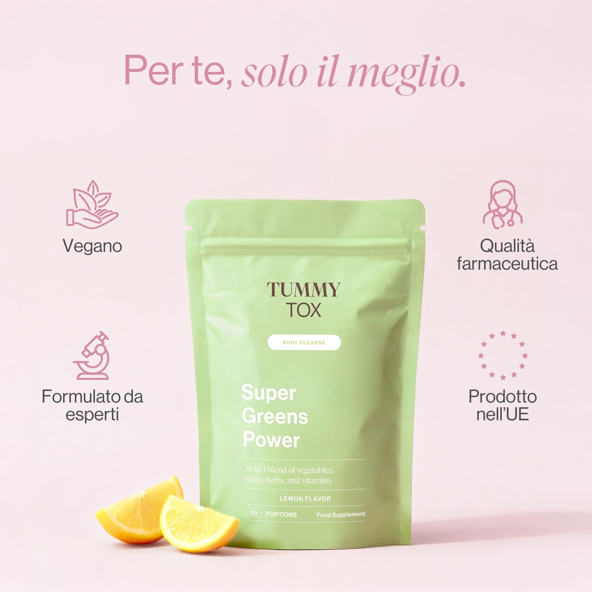 Super Greens Power con Guaranà, Inulina e Tè Verde - Gusto Limone - Bevanda Supergreen in Polvere con Radice di Cicoria, Carciofo, Colina e Vitamine - 160 g - TummyTox