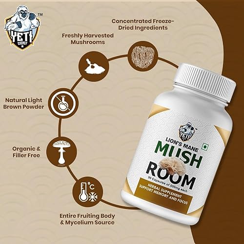 Miniatura 4 de Suplemento de melena de leones Suplemento de hongos  Polvo de melena de león 90 cápsulas  Orgánico, sin OMG, sin gluten  Impulso cerebral, apoyo