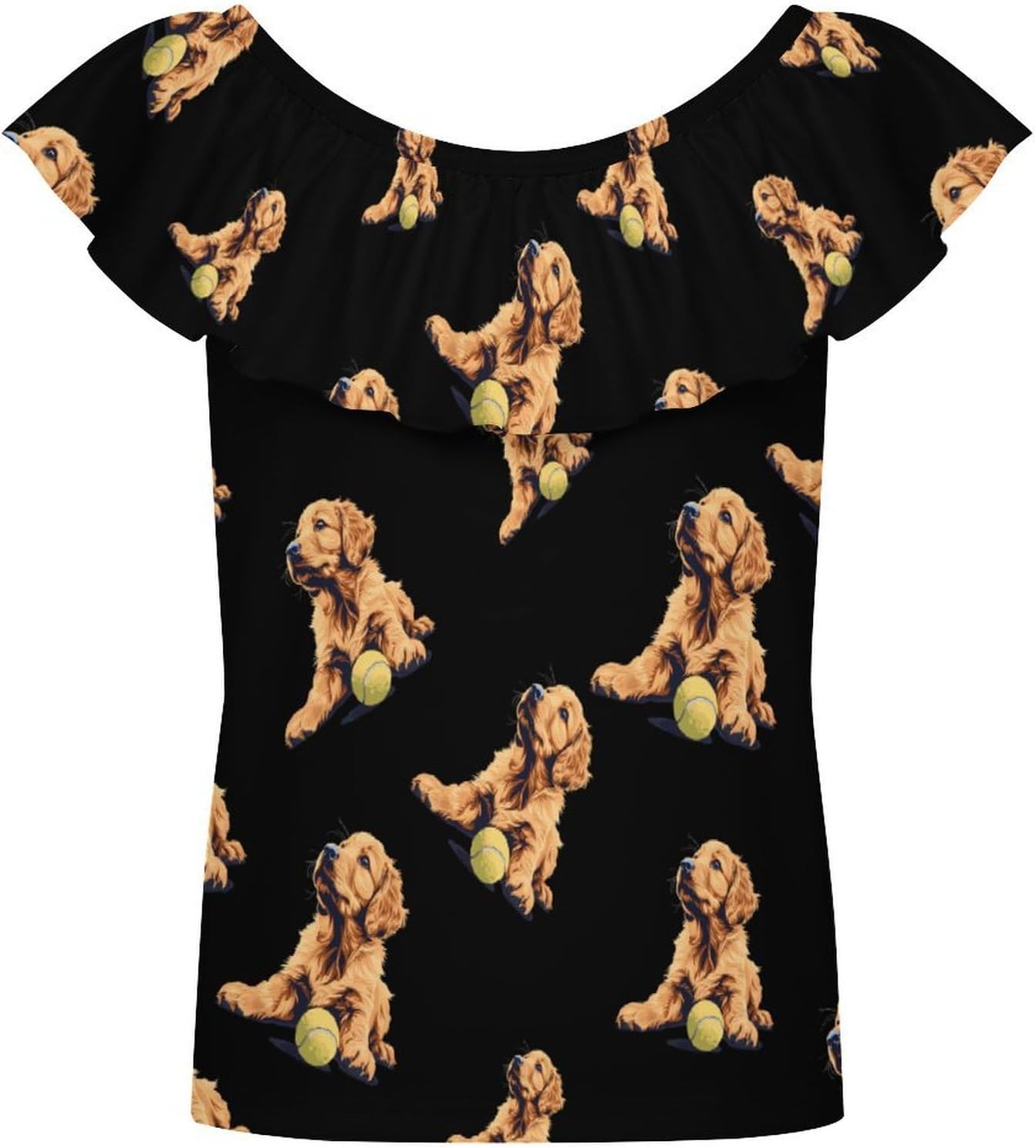 Retriever Puppy Tennis Ball Girls T-Shirts Top Ruffle Short Sleeve Blouse Casual Graphic Tees