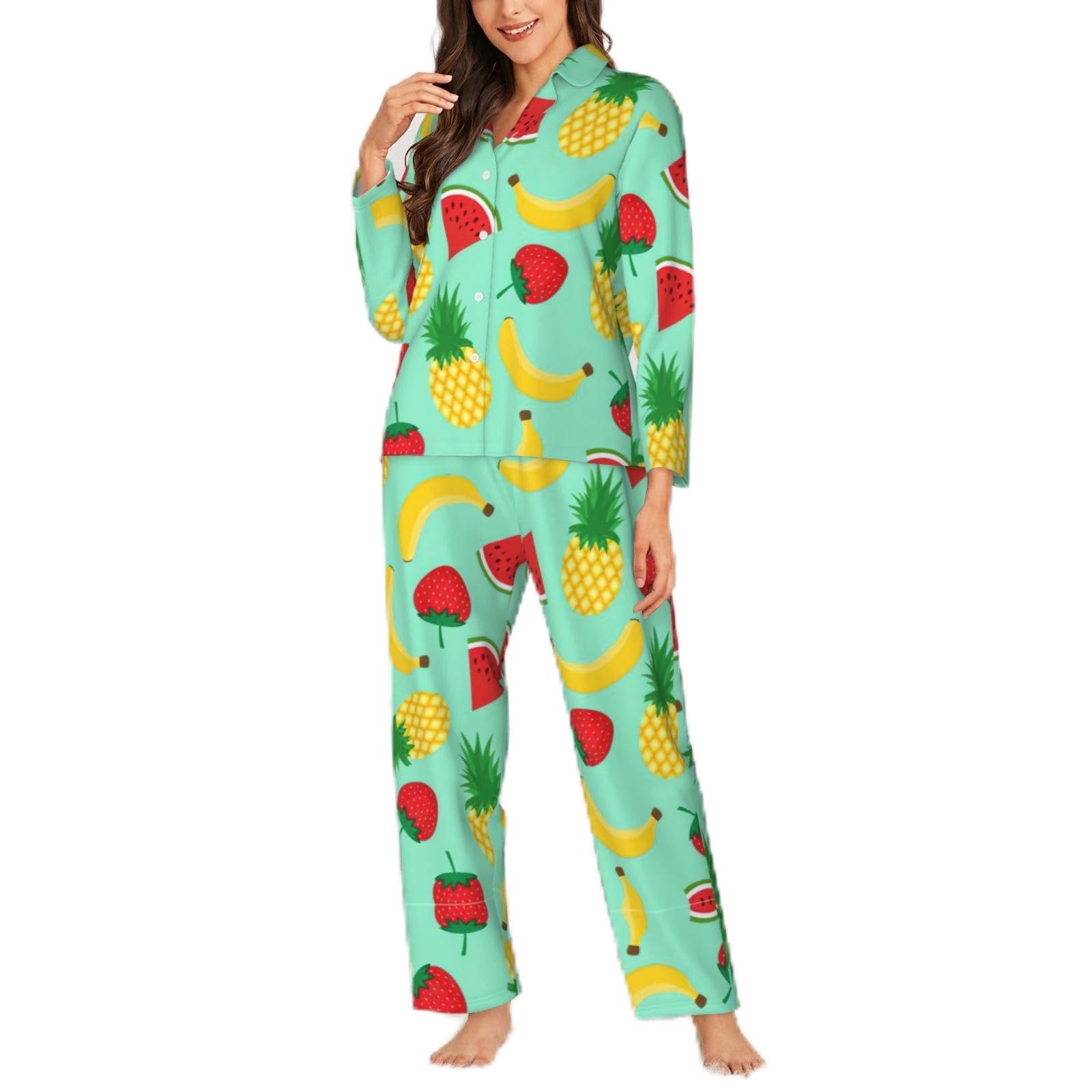 Migpkd Women's Black Banana Strawberry Pineapple Pajamas For Set Long Sleeve Button Down Sleepwear 2 Piece Nightwear Pjs Sets