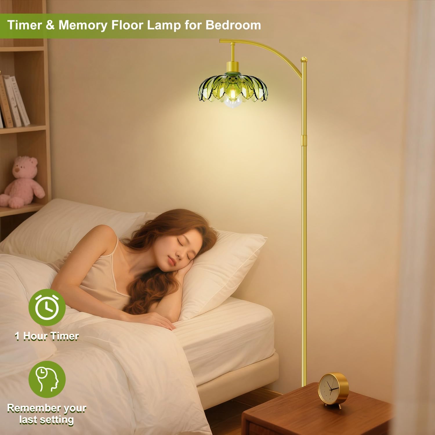 Gold Floor Lamp with Remote Control, Dimmable LED Floor Lamp with 3 Color Temperatures, Adjustable Height Vintage Standing Lamps for Living Room BedroomOffice, Green Glass Tall Lamps Gift Use