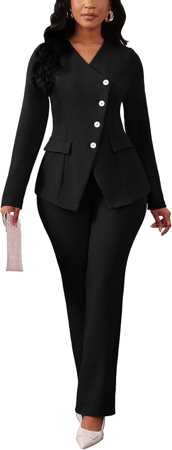 Pant Suits for Women Dressy Long Sleeve Blazer Jackets and High Waisted Wide Leg Pants Sets 2 Piece Work Outfit 2025