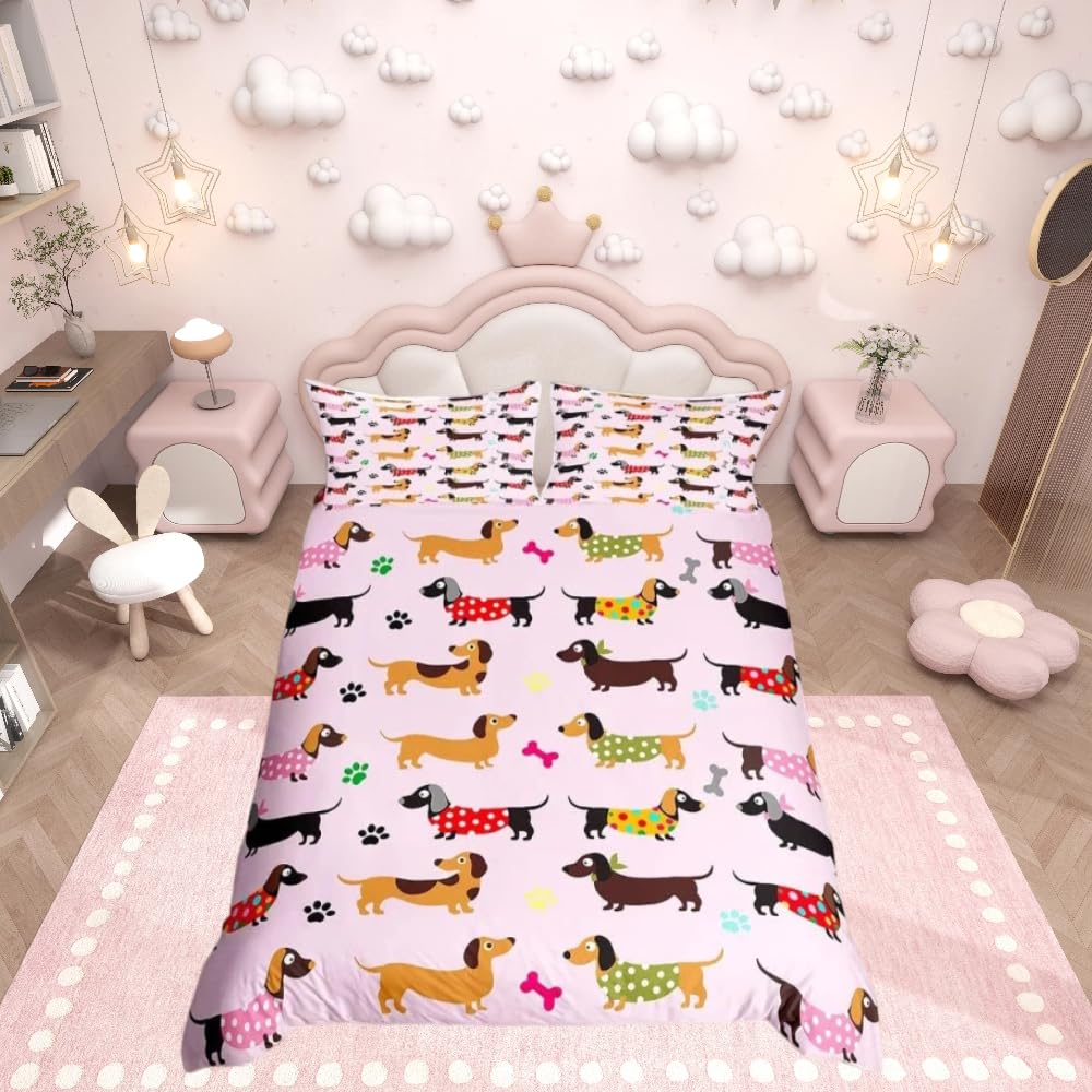 Homemissing Boys Multicolored 13211 Cute Dachshund Duvet Cover Sausage Dog Bedding Set For Kids Girls Cartoon Dachshund Puppy Comforter Cover Kawaii Pet Bedspread Cover 3Pcs Zipper Double Size