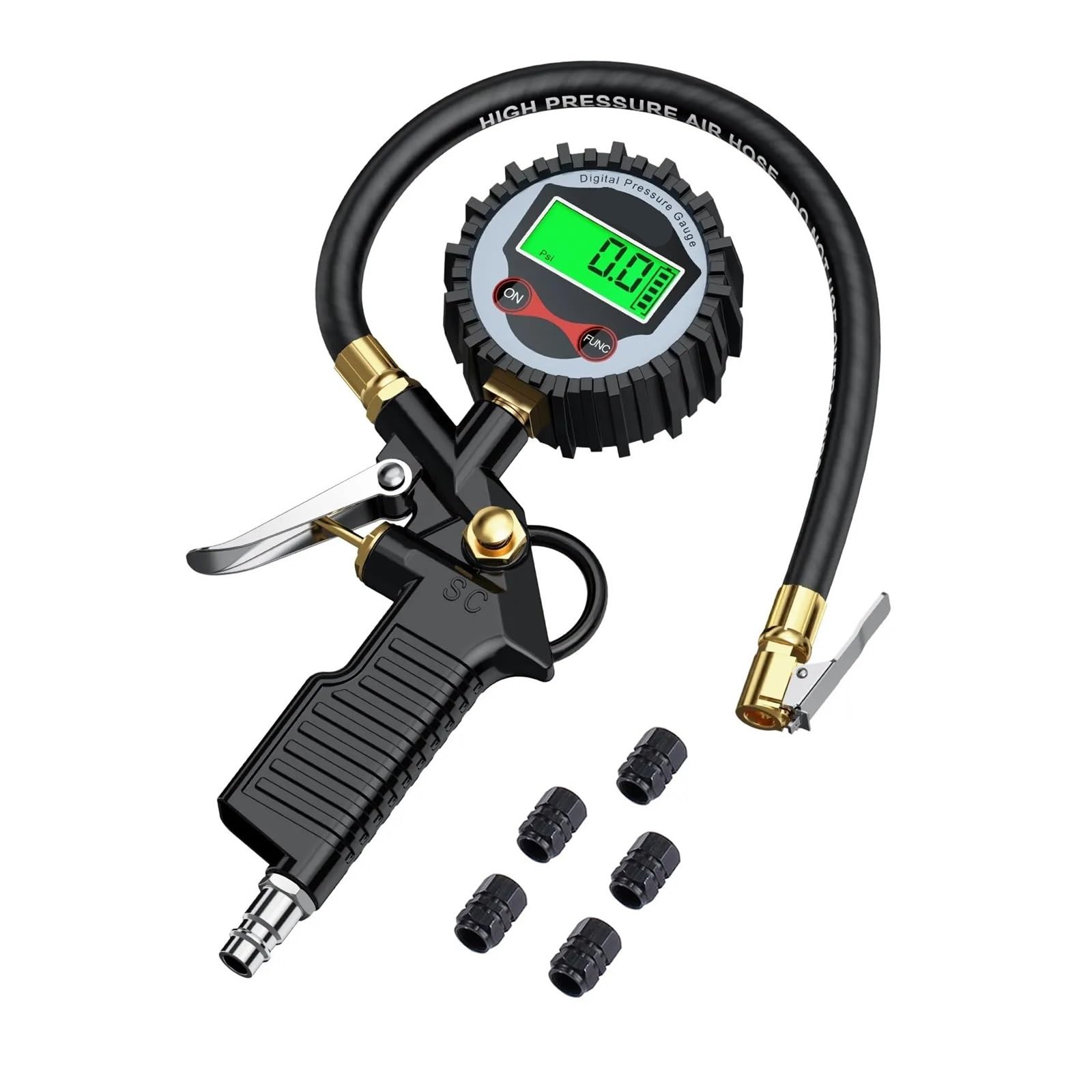 Manometro Pressione Acqua Manometro for la pressione dei pneumatici con display digitale, manometro for gonfiaggio, tester for veicoli retroilluminazione e 5 cappucci for valvole neri per Auto