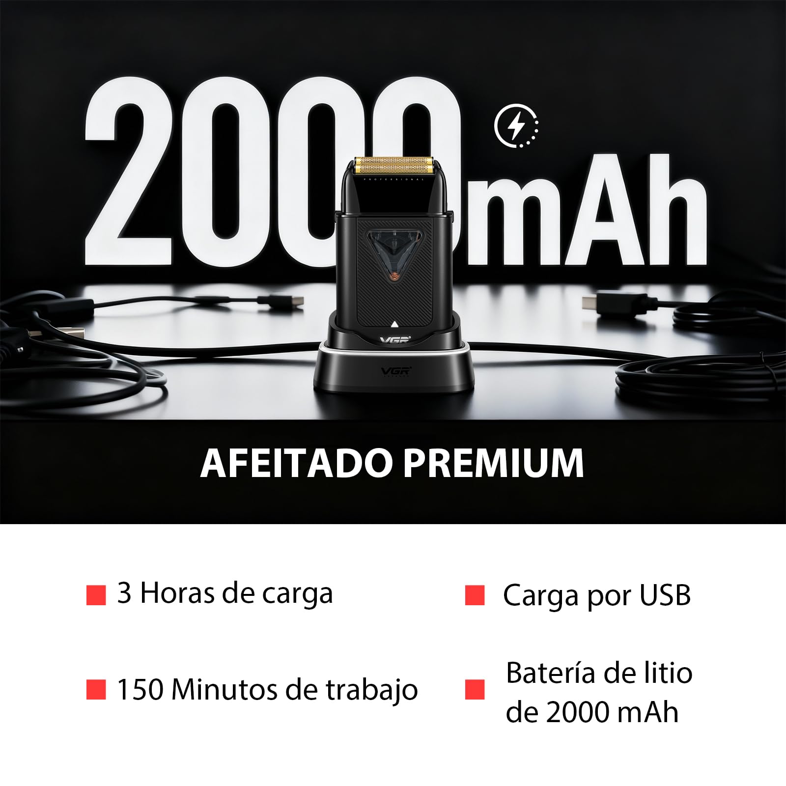 VGR 334 Afeitadora de Láminas para Hombre, Motor 10000 RPM, Base de Carga