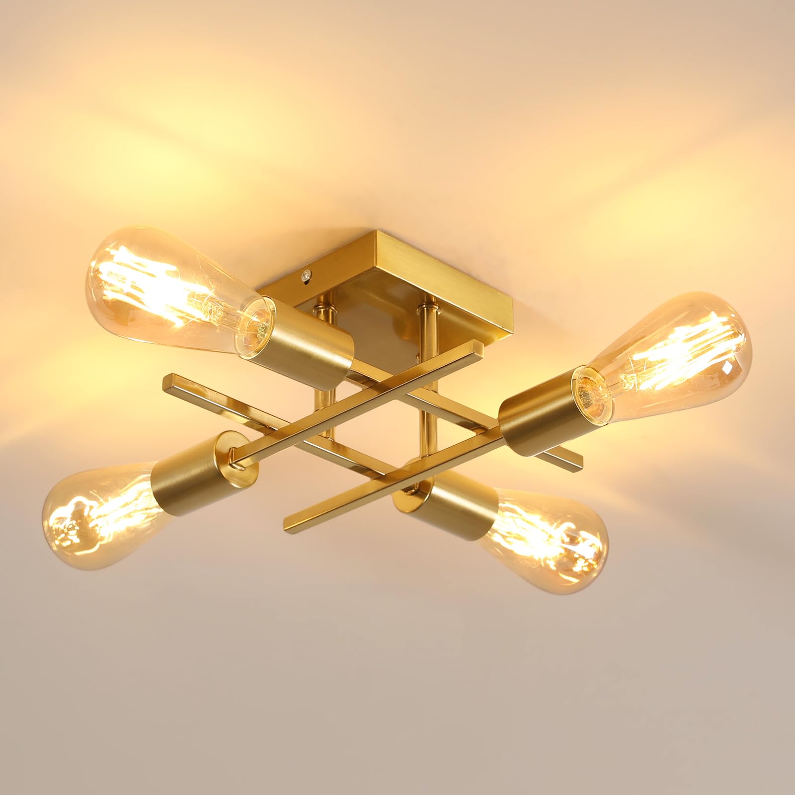 Goeco Ceiling Light Vintage Gold Chandelier Pendant Light Lamp E27 4 Bulbs Metal Industrial Ceiling Lamp Pendant Light for Bedroom, Living Room, Dining Room, Kitchen