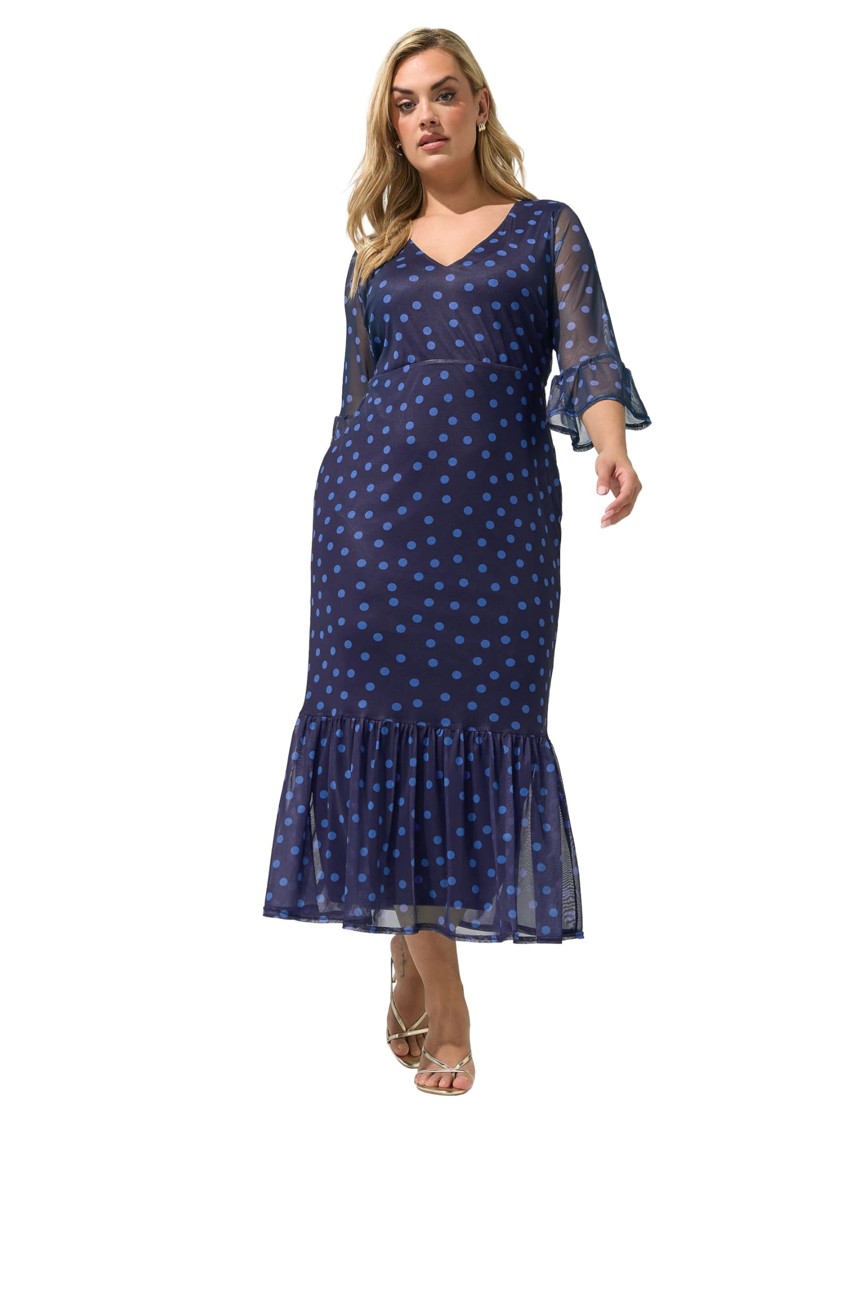 Yours Women's Polka Dot Mesh Tiered Maxi Dress Size 18 Dark Navy