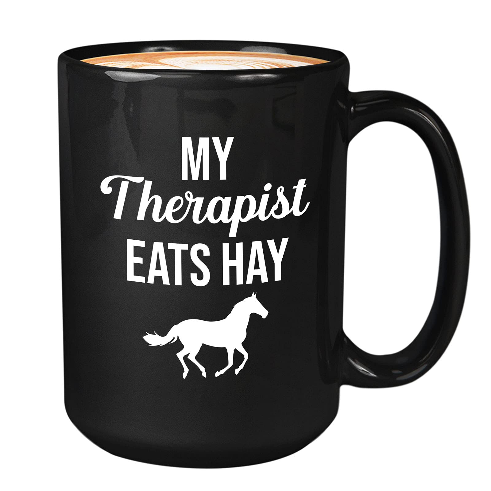 Bubble Hugs Horse Lover Coffee Mug 15oz Black - My Therapist Eats Hay - Funny Humor For Farmers Horseback Riders