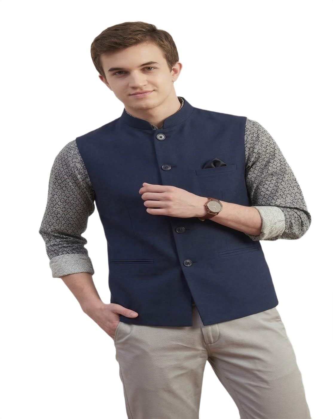 maykr Premium Cotton Blend Navy Blue Nehru Jacket | Breathable Lightweight Modi Jacket for Men | Summer Ethnic Waistcoat Vest-picture-24