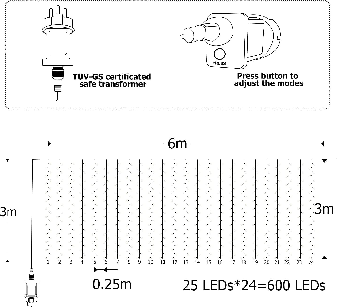 yowin 6m x 3m Curtain Lights 600 LED Mains Powered Waterfall Fairy Lights with Timer - Image 3