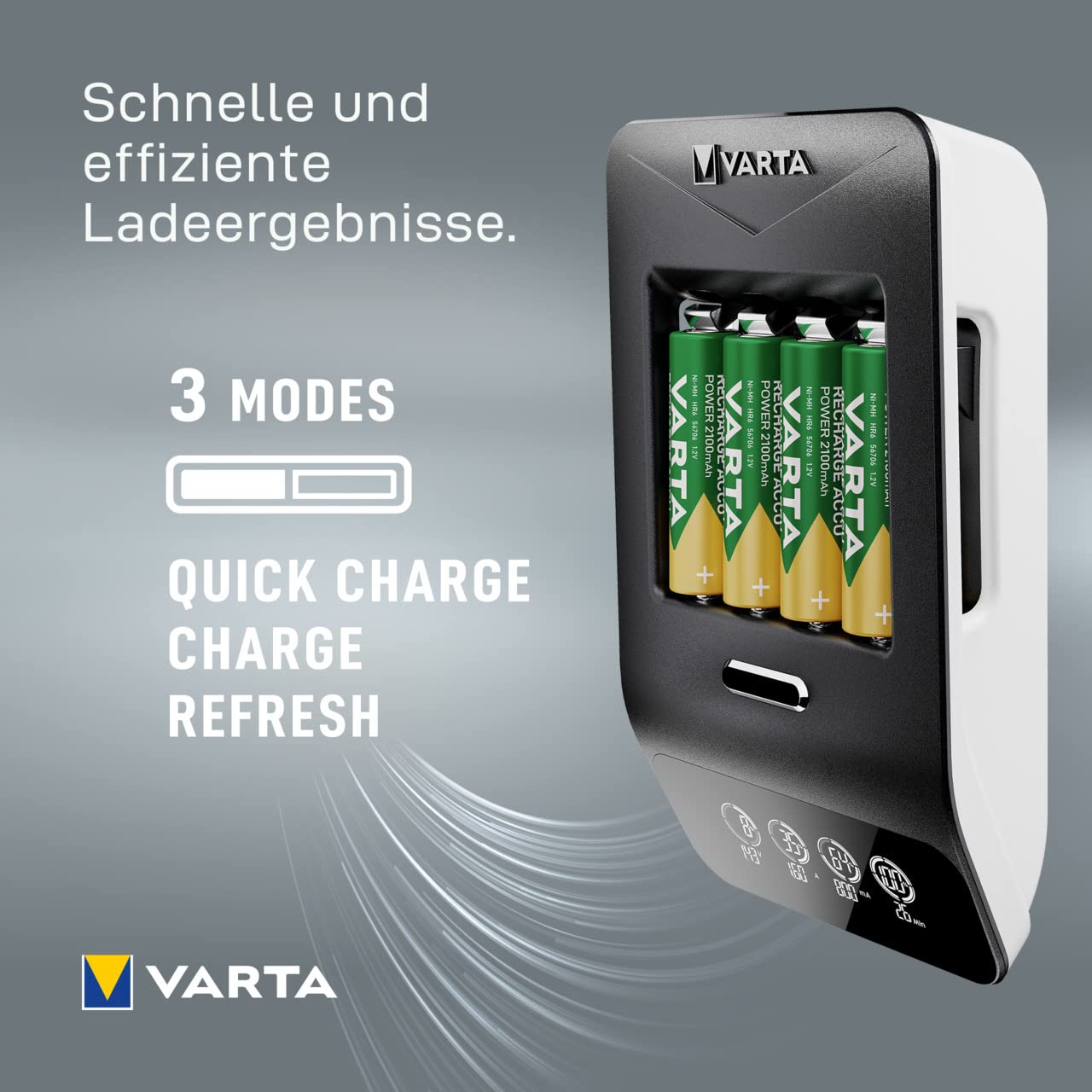 VARTA Ladegerät für 4 AA/AAA Akkus LCD Ultra Fast Charger+ 3 Modi 45W Netzteil 4x AAA 2100 mAh