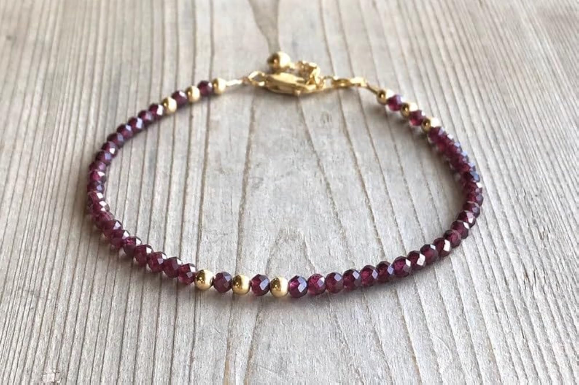 Garnet Round Beaded Bracelet with Gold Lock, Adjustable
