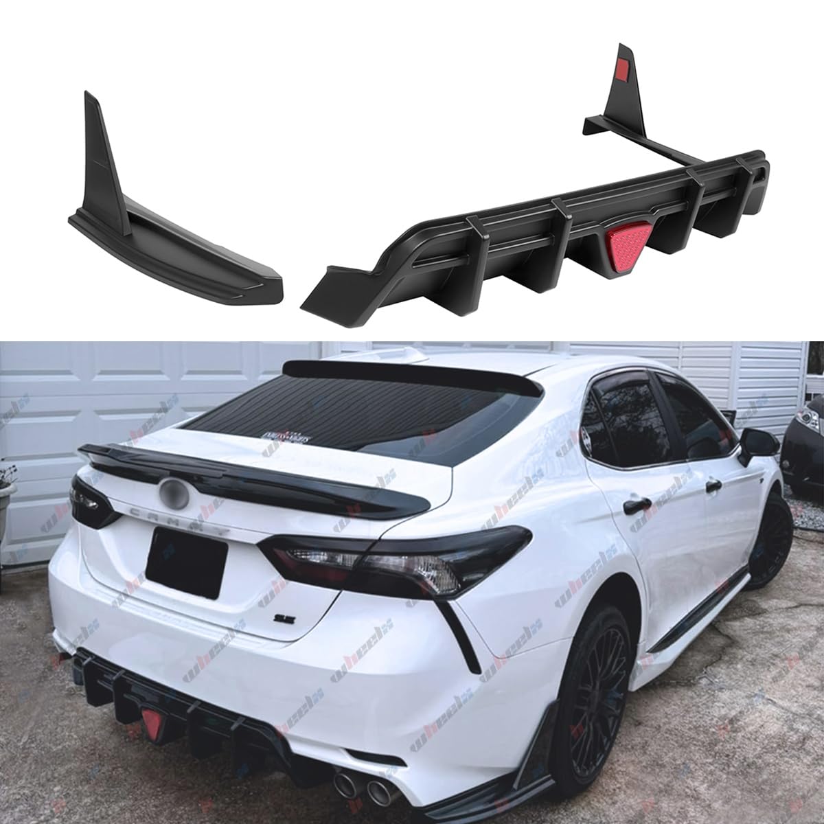 3pcs rear diffuser with led red brake light compatible with 2018-2023 toyota camry se xse, with corner winglet bumper body splitter extension fit for 2018 2019 2020 2021 2022 2023 (matte black)