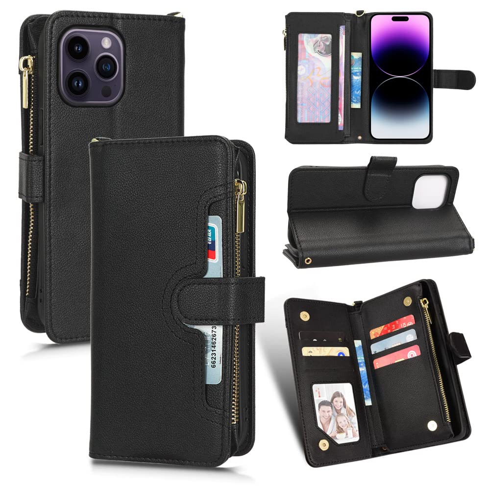 vxxliaxs Case for iPhone 15 Pro Max, PU Leather Zipper Folio Wallet Wrist Strap with Card Slots Magnetic Closure Shockproof Kickstand for iPhone 15 Pro Max, Black