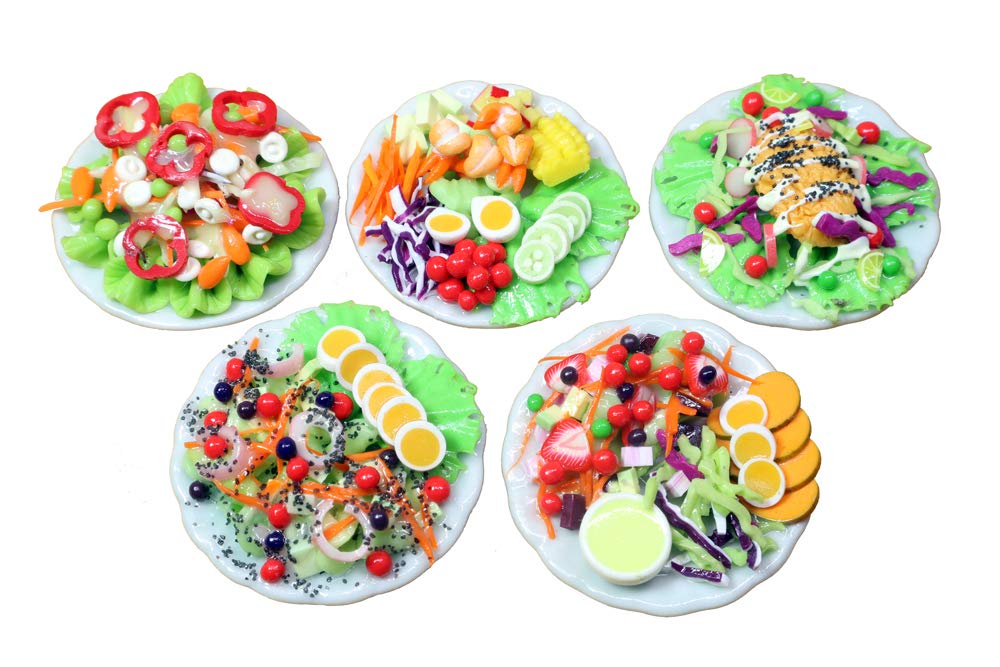 ThaiHonest Set 5 Assorted Dollhouse Miniature Salad,Tiny Food On Ceramic Plate, Dollhouse Accessories for Collectibles