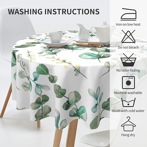 Miniatura 4 de Mantel redondo de hojas de eucalipto primaverales de 60 pulgadas, acuarela, hojas verdes salvia, lavable, resistente a las manchas, mantel de