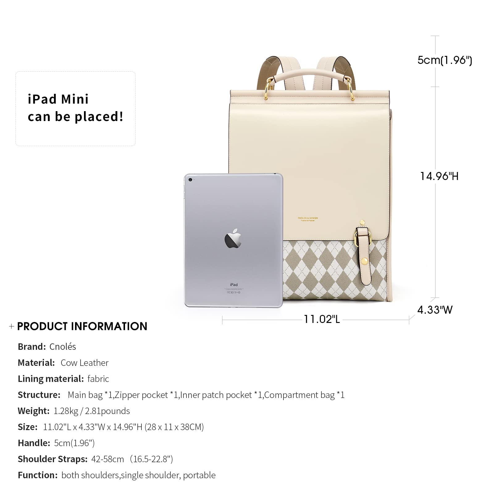 Cnolés - Mochila de piel para mujer, elegante, impermeable, para mujer, antirrobo, para mujer, mochila de piel antirrobo, para mujer, para ordenador portátil, Beige-3268, large, Elegante