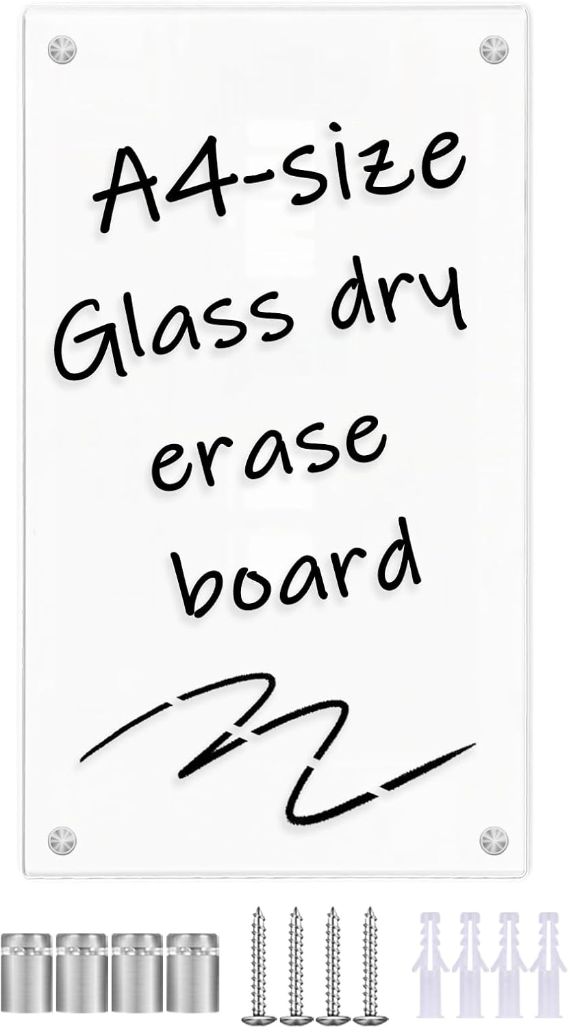 TORASO Glass Dry Erase Board for Wall, Glass Dry Erase Board WhiteBoard, 13.6" x 8.3" A4 Size, Hang Papers for Home, Office, School (BB-WH-A4)
