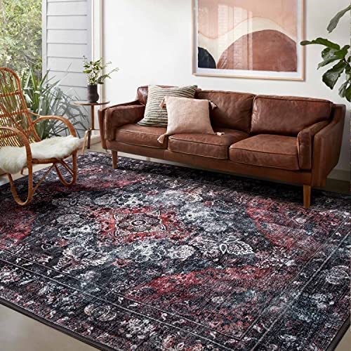 5’X7’ Rugs For Living Room Black Vintage Boho Washable Area Rug Non-Slip Persian Large Rug For Bedroom Dining Room Office Dorm Laundry Room Carpet Oriental Medallion Rustic Aesthetic Retro Black/Red #TOP5