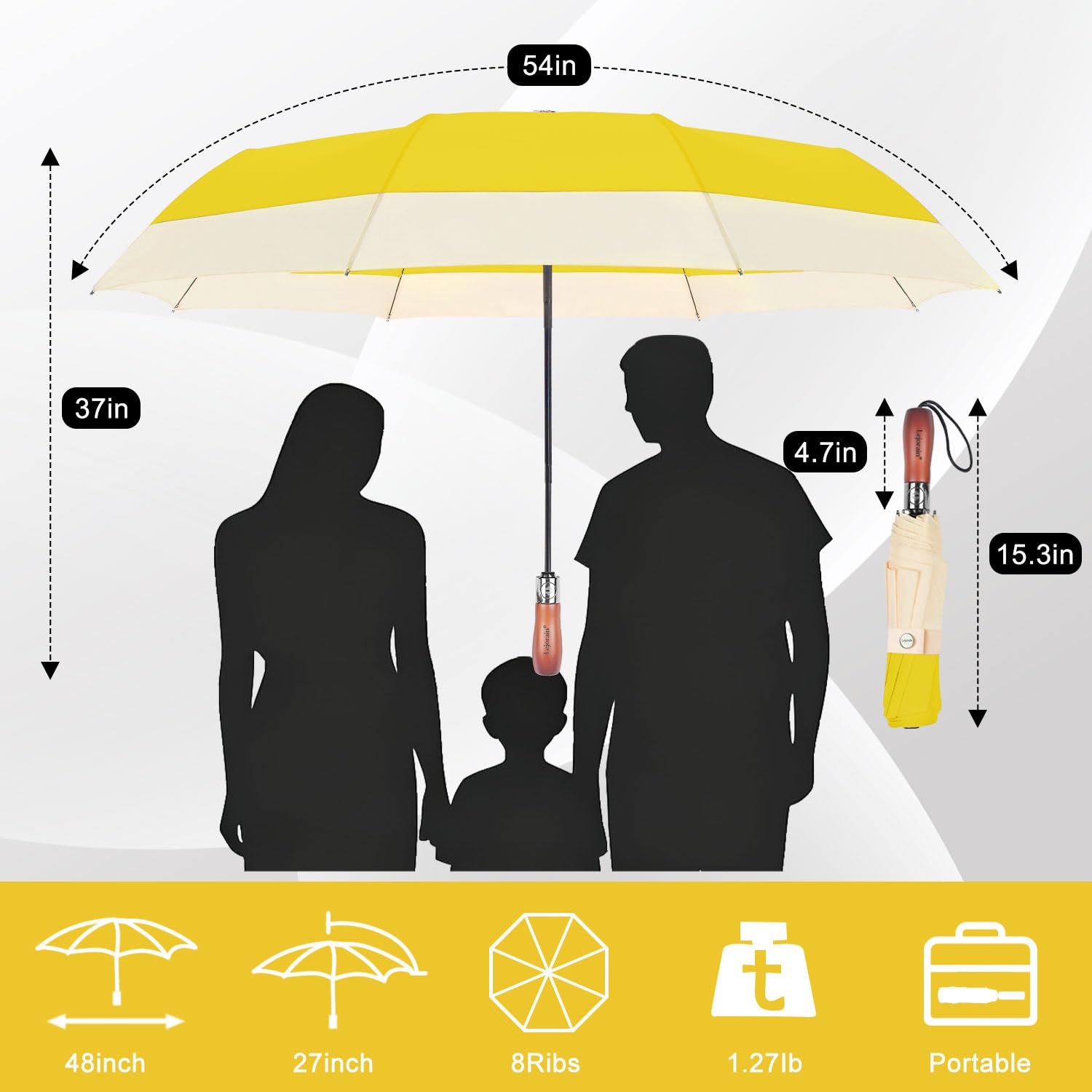 Lejorain Grand parapluie de golf coupe-vent – Parapluie de voyage pliable jaune arc de 137,2 cm compact solide ouverture et fermeture automatique parapluie pour vent et pluie