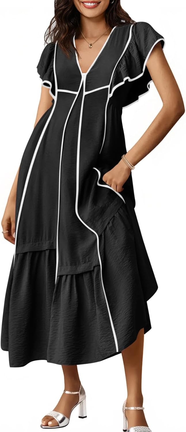 Wenrine Womens Summer V Neck Midi Dress Casual Ruffle Sleeve Contrast Color Loose Fit Flowy Long Dresses