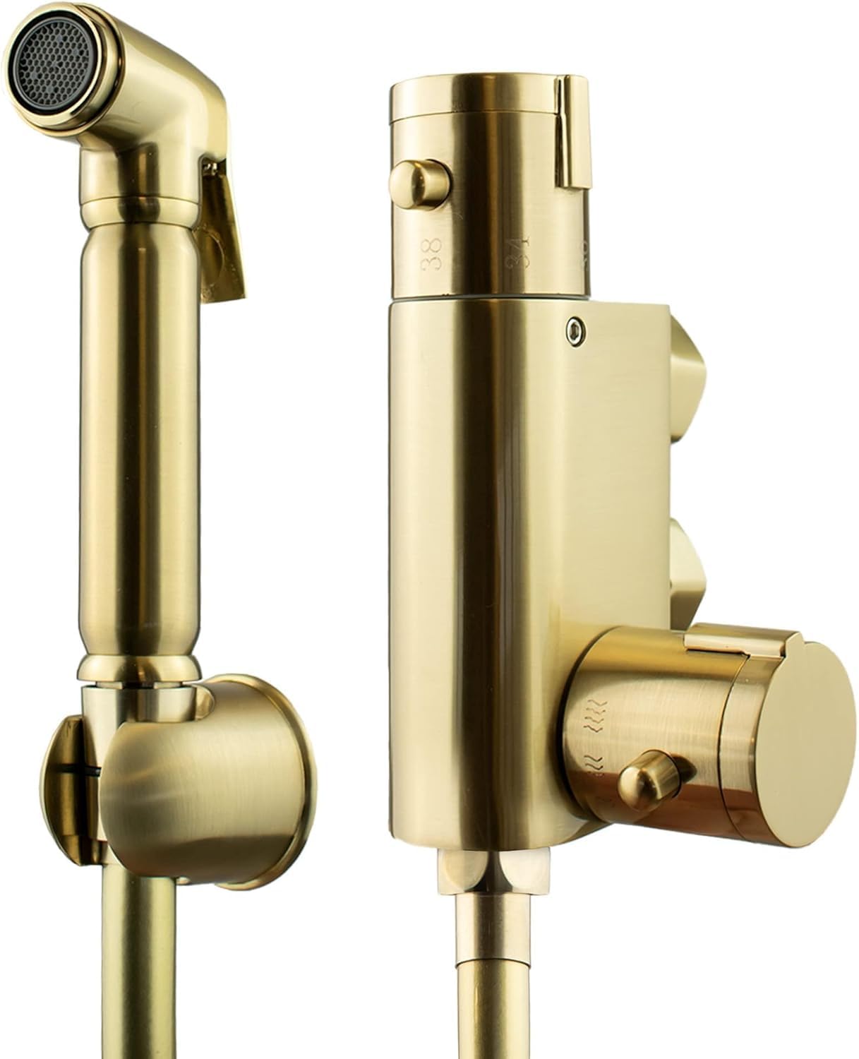 2er Set Thermostat Bidet Dusche Gold, Messing Brause Set, Muslimische Dusche für die Toilette, Shattaf Handbrause mit Thermostat, warm & kalt