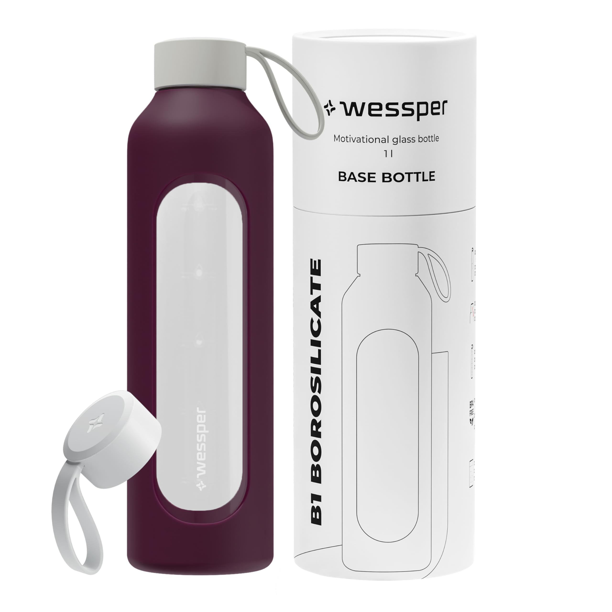 Wessper Glass Drinking Bottle, 1 Litre, Motivational Water Glass Bottle with Hydration Scale, Borosilicate Glass Bottle with Silicone Cover, BPA-Free Drinking Bottles - Burgundy Red