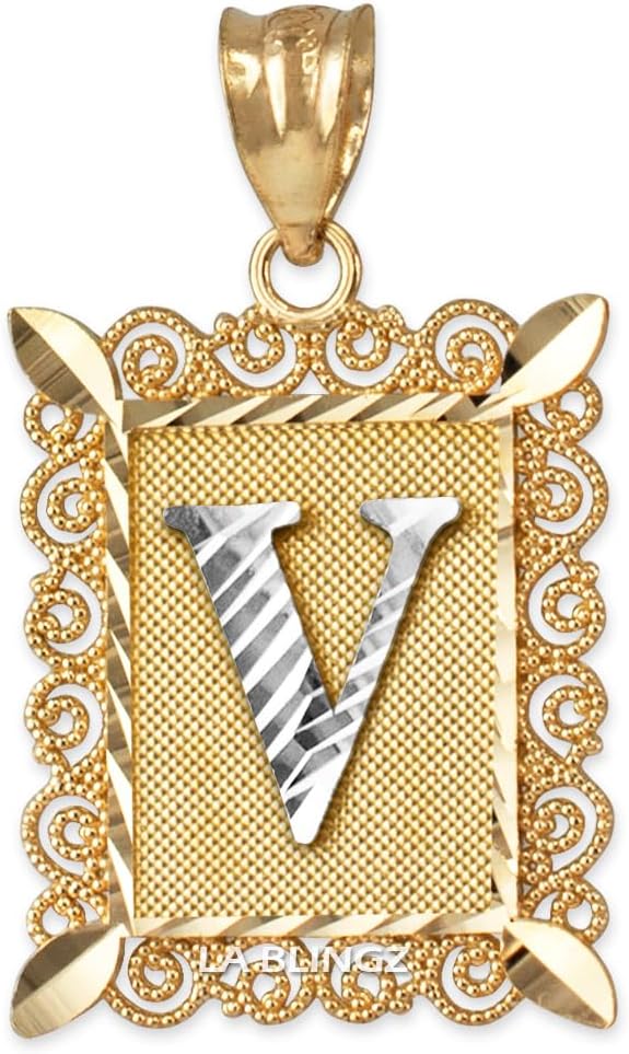 LA BLINGZ 14K Gold Filigree Alphabet Letter 'V' Initial Personalized Charm Pendant (S/M/L)
