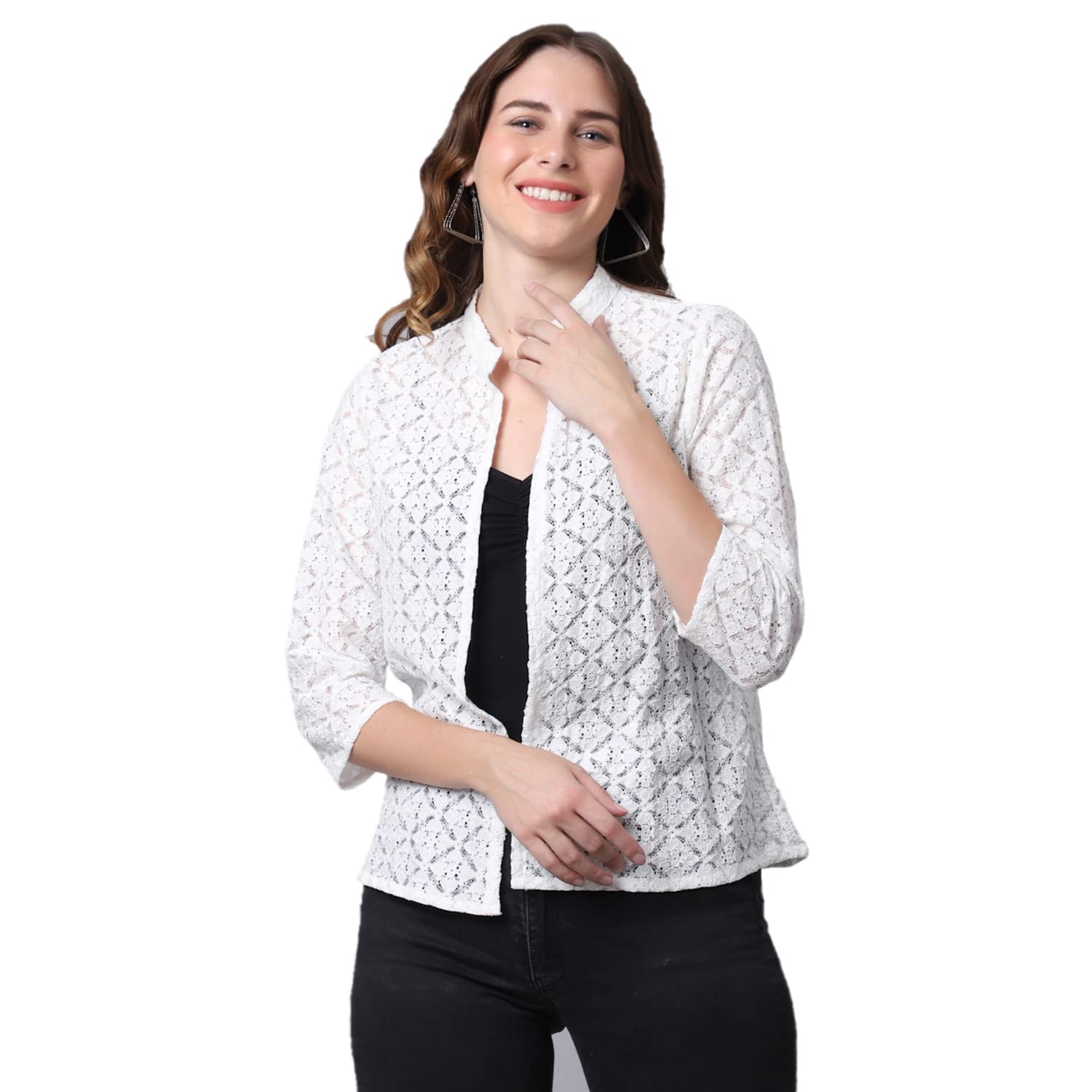 UnaOneWomen Heart and Geometric Shaped lace Regular Open Front Stylish Collar Shrug for Summer